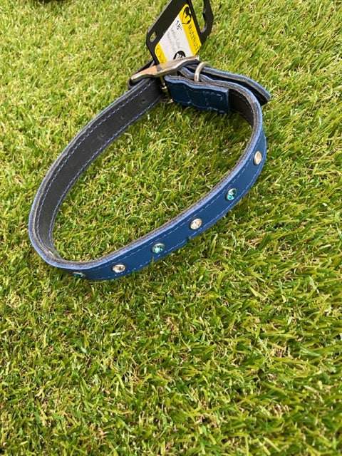 Blue Diamond Studded Leather Dog Collar