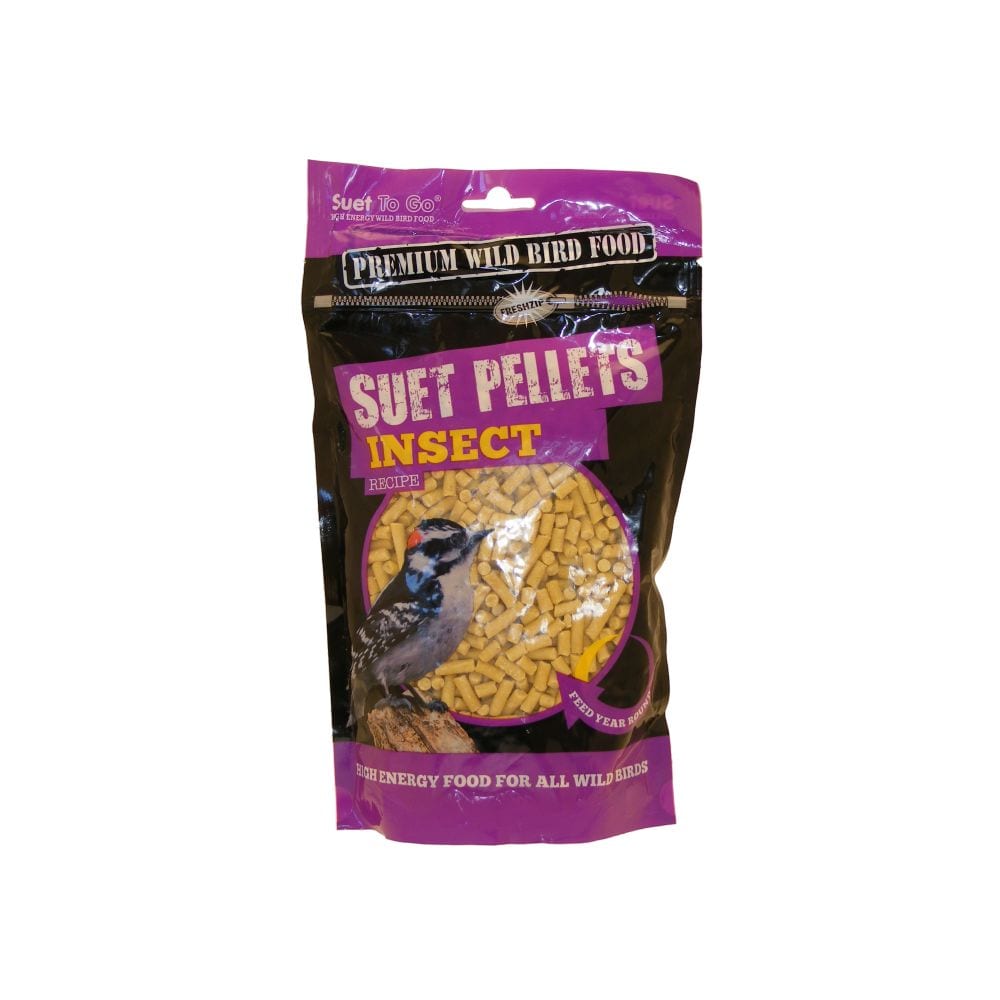 A pack of Wild Bird Insect Suet Pellets by Mutual Nutrition, featuring a purple background with images of birds and suet pellets, and product information.
