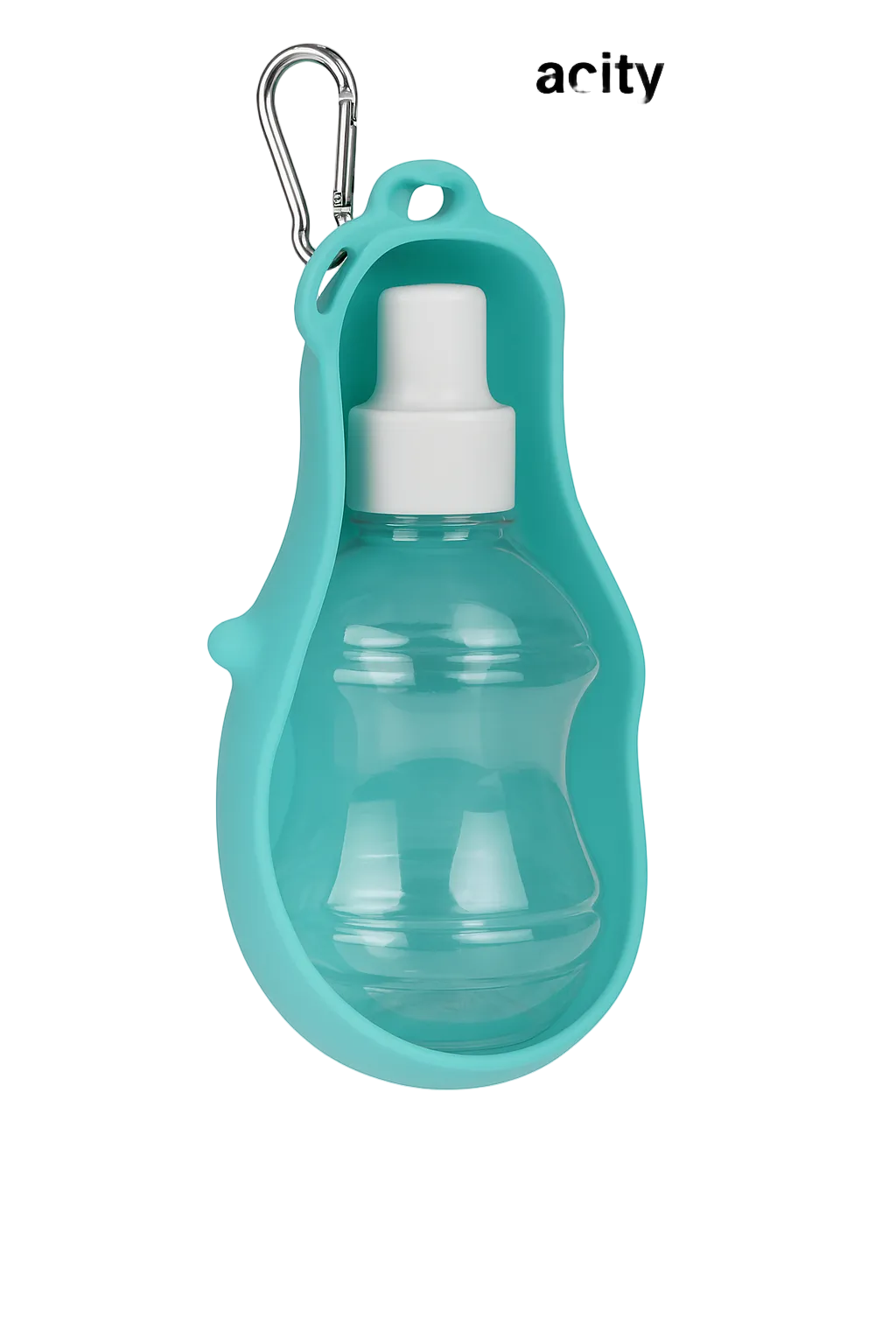 Teal pet water bottle with white nozzle on a white background