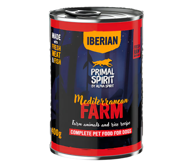 A can of Mediterranean Farm Primal Spirit dog food. The can is labeled with the brand name, the product name, and the weight of 400g.