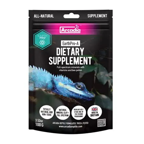 Arcadia EarthPro-A dietary supplement package for animals with a blue lizard illustration on a white background.