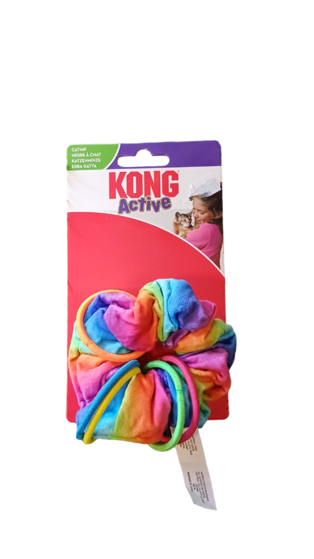 A colorful KONG Active Cat Scrunchie tied in a knot, displayed against a red background with the KONG logo visible.