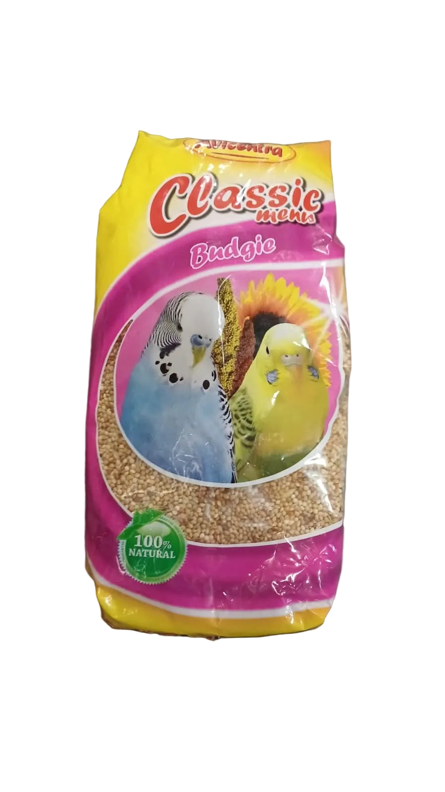 Bag of birdseed with a parakeet illustration on a dark background