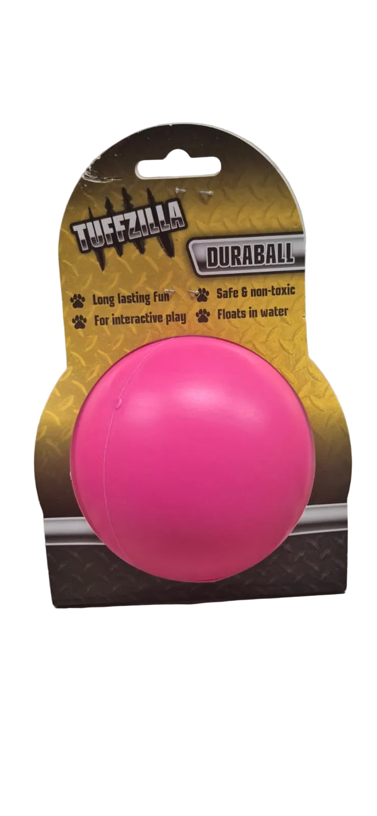 Pink ball toy with Tuffzilla branding on a cardboard backing