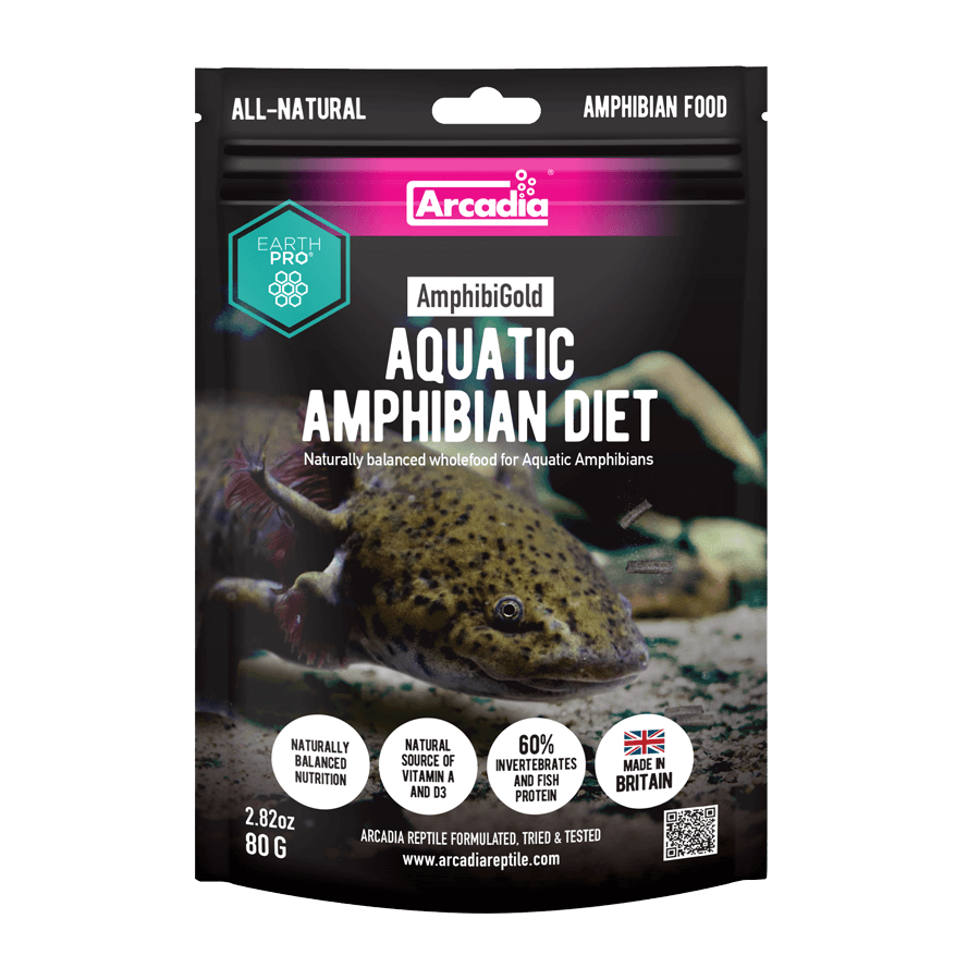 Packaging of 'Arcadia Gold Aquatic Amphibian Diet' featuring an image of an aquatic amphibian, presumably an Axolotl, with the product details and brand visible.