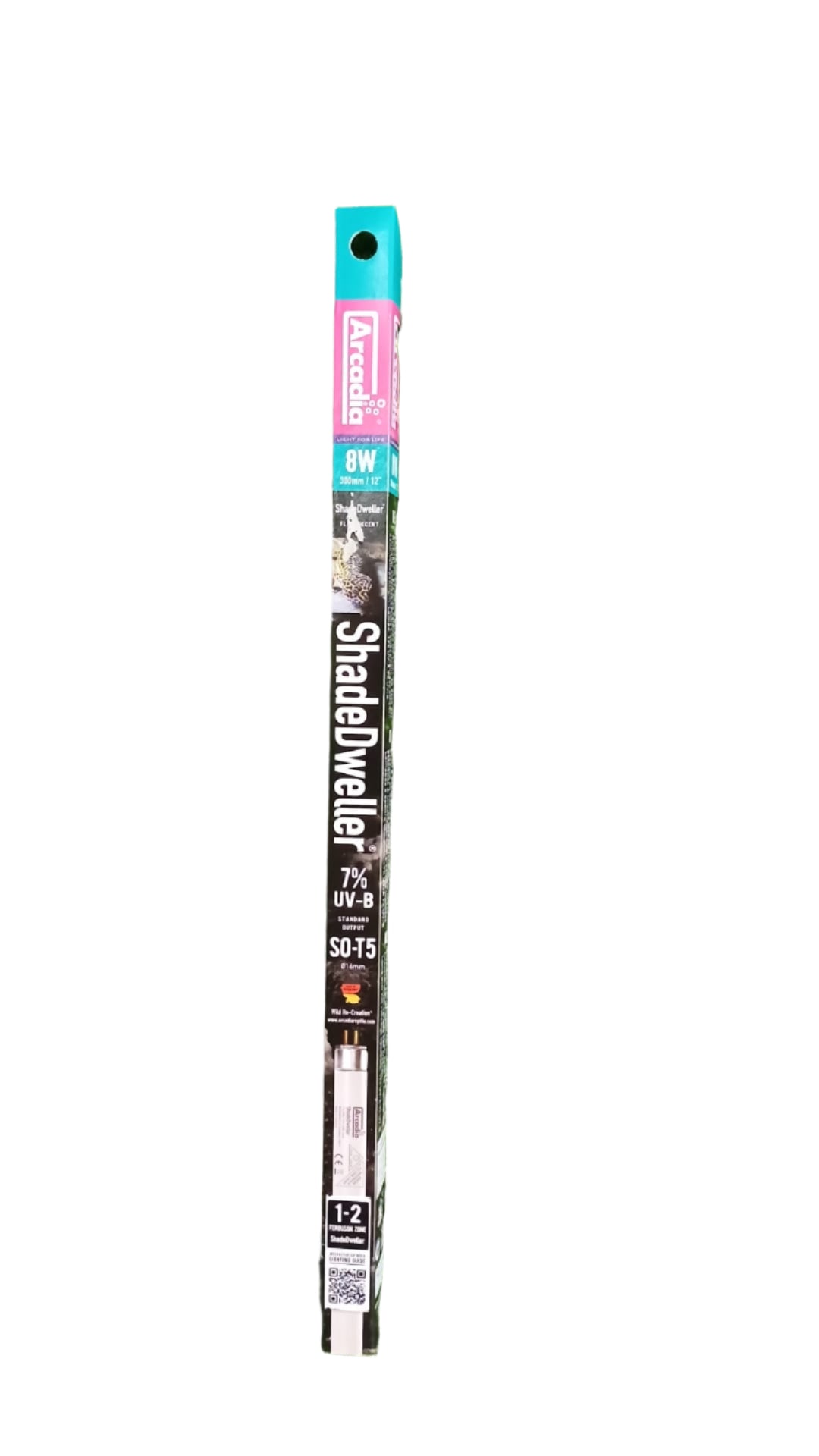 A T8 reptile lamp with product information and branding visible on the packaging.